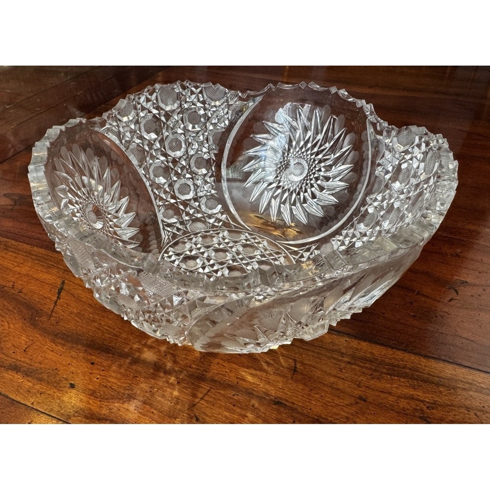 Vintage Cut Glass Crystal Serving Bowl 8" Pinwheel & Hexagon Diamond Design